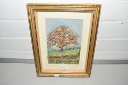 Mixed media needlework and fabric picture of an autumn tree, gilt framed