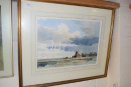 Watercolour of a windmill by Adrian Taunton, 97, glazed and framed