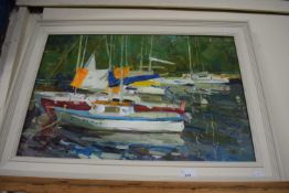 Boats in a harbour, oil on canvas in cream frame