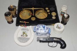 Mixed Lot: Cased brass beam scales, a small lighter formed as a gun, small horn condiment pots,