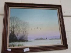 Landscape with geese in flight, oil on canvas, framed
