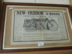 Framed advertising print New Hudson Three Speed Cycle