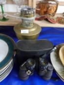 Mixed Lot: Brass based oil lamp and a pair of Miranda 8 x 40 gold coated optic wide angle