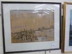 Fishermen in boats at the riverside dock, watercolour, unsigned, framed and glazed