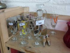 Mixed Lot: Decorated mid Century liqueur glasses, small decanter etc