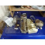 Mixed Lot: Silver plated bottle holder, modern mantel clock, various kitchen wares etc
