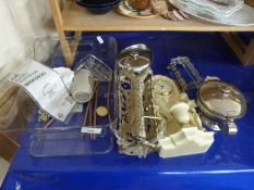Mixed Lot: Silver plated bottle holder, modern mantel clock, various kitchen wares etc