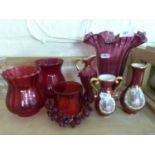 Mixed Lot: Cranberry and ruby glass vases, small continental porcelain vases etc