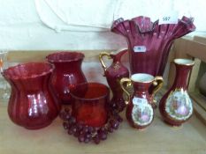 Mixed Lot: Cranberry and ruby glass vases, small continental porcelain vases etc