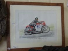 Motorcycle interest, coloured print Giacomo Agostini, framed and glazed