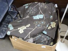 Pair of brown, duck egg blue and cream floral curtains