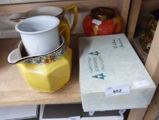 Mixed Lot: Various decorated jugs, coloured glass vase etc