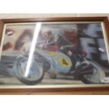 A framed coloured print motorcycle racing