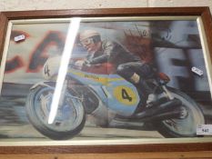 A framed coloured print motorcycle racing