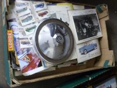 Box of various vintage motor related ephemera, MG hubcap etc