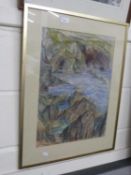 Rocky coastal scene, pastel on paper, framed and glazed