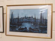 Blue monochromatic scene of boats in a harbour, framed and glazed