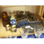 Mixed Lot: Silver plated cruet items, chamber stick, assorted coinage, character jugs, vintage cased