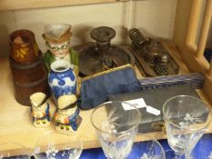 Mixed Lot: Silver plated cruet items, chamber stick, assorted coinage, character jugs, vintage cased