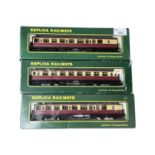 A trio of boxed Replica Railway 00 gauge carriages, to include: - 12043 60' Collett 1st/3rd Brake BR