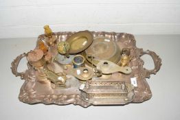 Mixed Lot: Large silver plated serving tray, various miniature oil lamps and other items