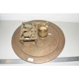 Mixed Lot: A brass serving tray, a small trivet and a brass tankard