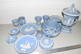 Collection of Wedgwood blue jasper wares to include double handled urn, various small vases,