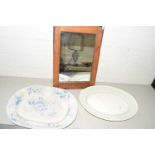 Mixed Lot: Victorian blue and white meat plate plus one other and an oak framed mirror (3)