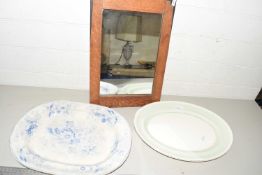 Mixed Lot: Victorian blue and white meat plate plus one other and an oak framed mirror (3)