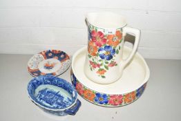 Mixed lot comprising floral decorated wash bowl and jug, an Imari plate and a reproduction blue