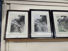 Three studies Far Eastern village scenes, framed