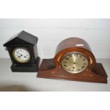 Mixed lot comprising a Victorian black slate cased mantel clock together with a further mahogany