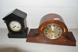 Mixed lot comprising a Victorian black slate cased mantel clock together with a further mahogany