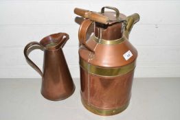 Vintage copper and brass mounted 1.5 gallon jug together with a further tapered copper jug