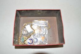 Box of mixed items to include silver money clip, various fobs, necklace etc