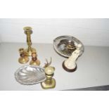 Mixed Lot: Brass candlesticks, various furniture handles, silver plated table basket, resin ornament