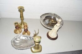 Mixed Lot: Brass candlesticks, various furniture handles, silver plated table basket, resin ornament