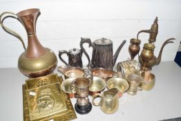 Mixed Lot: Various metal wares to include silver plated sauce boats, tea wares, copper jug, brass