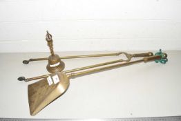 A brass table bell together with fire shovel and tongs (3)