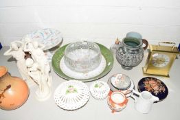 Mixed Lot: Group of resin busts, various vases, pedestal cake plate, cut glass bowl, mantel clock,