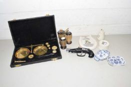 Mixed Lot: Cased brass beam scales, a small lighter formed as a gun, small horn condiment pots,