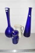 Mixed Lot: Blue glass vases and a cream glazed jug