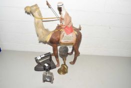 Mixed Lot: Leather covered model camel, a small brass horn, a desk stamp and a flat iron (4)