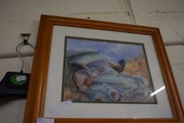 Watercolour of chickens in a Morris Minor, framed and glazed