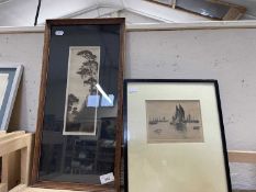 Lowestoft Harbour by A R Blundell, etching, framed and glazed together with another by the same