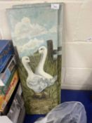 Two paintings of geese on canvas, unframed