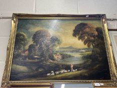 Shepherd with sheep in a landscape by Rima, oil on canvas in modern gilt frame