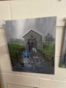 Children and animals playing in the rain, oil on canvas, unframed