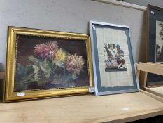Flowers on a table, oil on panel in gilt frame together with an Egyptian papyrus painting