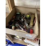 A small box of assorted bygones to include paperweight, spanners, corkscrews, bottle stoppers etc